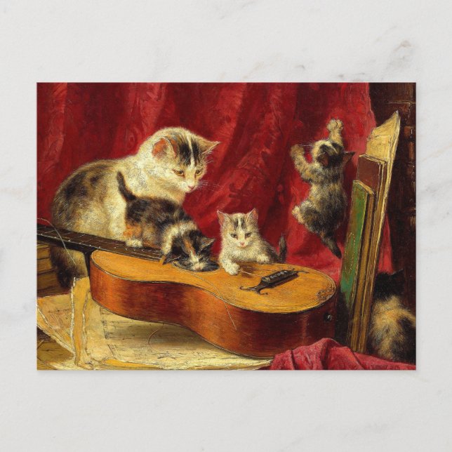 Carte Postale Mère Chat et chatons Jouer avec la guitare (Devant)