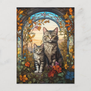 Carte Postale mère de chat et enfant