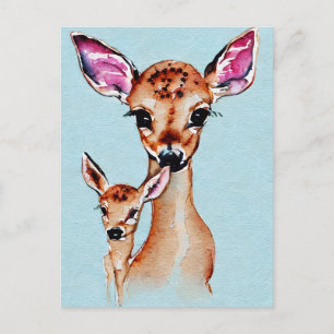 Carte Postale Mère Et Bébé Cerf Aquarelle Amour Famille