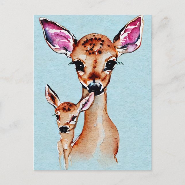 Carte Postale Mère Et Bébé Cerf Aquarelle Amour Famille (Devant)