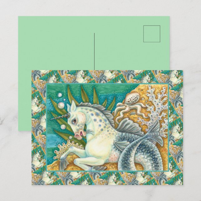 CARTE POSTALE MERHORSE & OCTOPUS BLANC, CHEVAL UNICORN IMAGINAIR (Devant / Derrière)