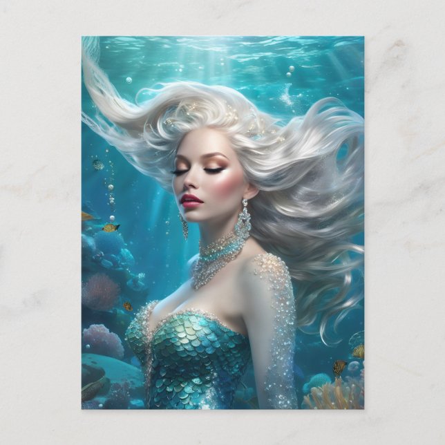 Carte Postale Mermaid cheveux en argent Turquoise Océan (Devant)