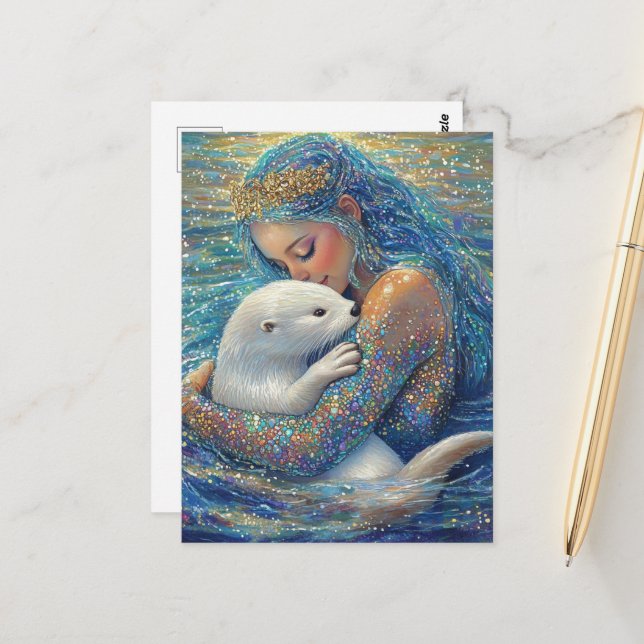 Carte Postale Mermaid et Otter (Devant/Arrière en situation)