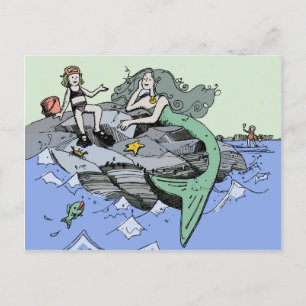 Carte Postale Mermaid littoral mignon dessin animé plage art pou