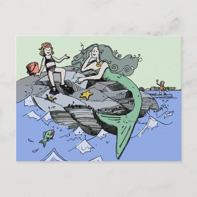 Carte Postale Mermaid littoral mignon dessin animé plage art pou (Devant)