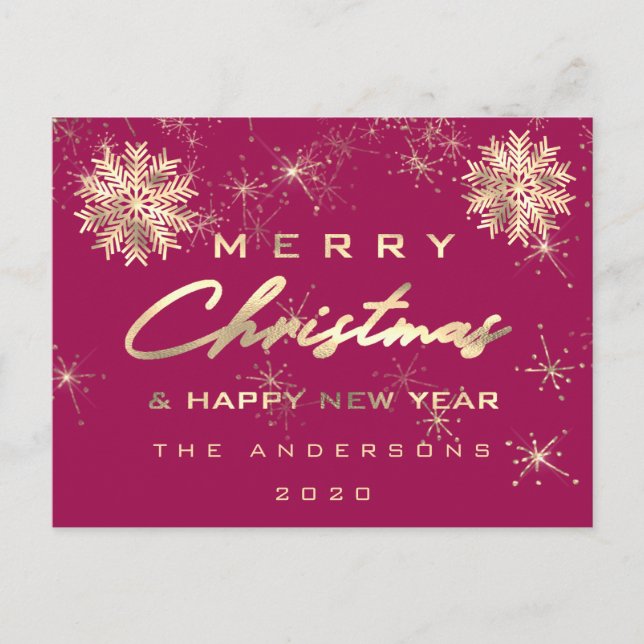 Carte Postale Merry Christmas Happy New Year Snow Gold Rose (Devant)