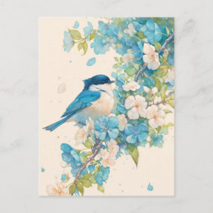 Carte Postale Mésange à tête noire sur branche de floraison prin
