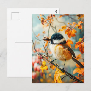 Carte Postale Mésange Charbonnière en Feutre avec Chenilles dans