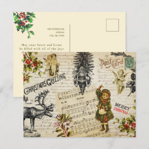 Carte Postale Message de Noël vintage victorien Fille Houx