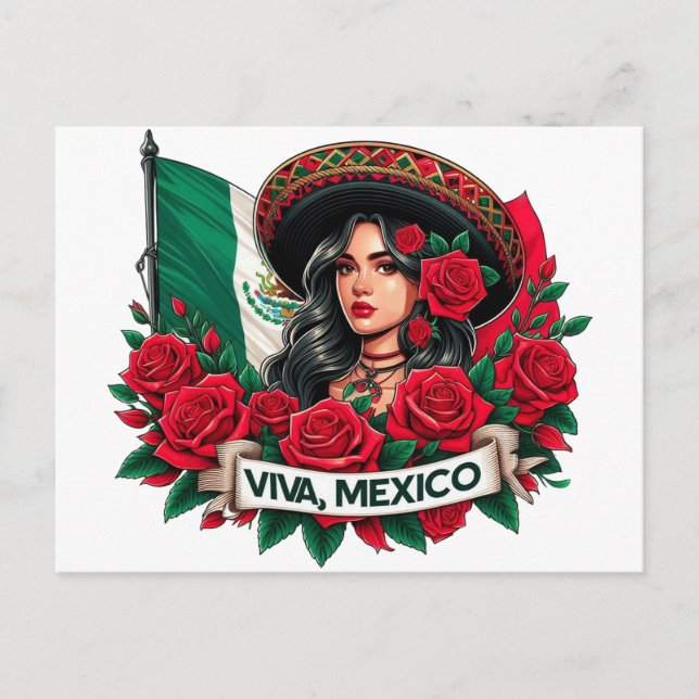 Carte Postale Mexicaine Fille Viva mexico Illustration du drapea (Devant)