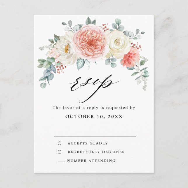 Carte Postale Mi-été Peach Pastel Rose Floral Wedding RSVP (Devant)