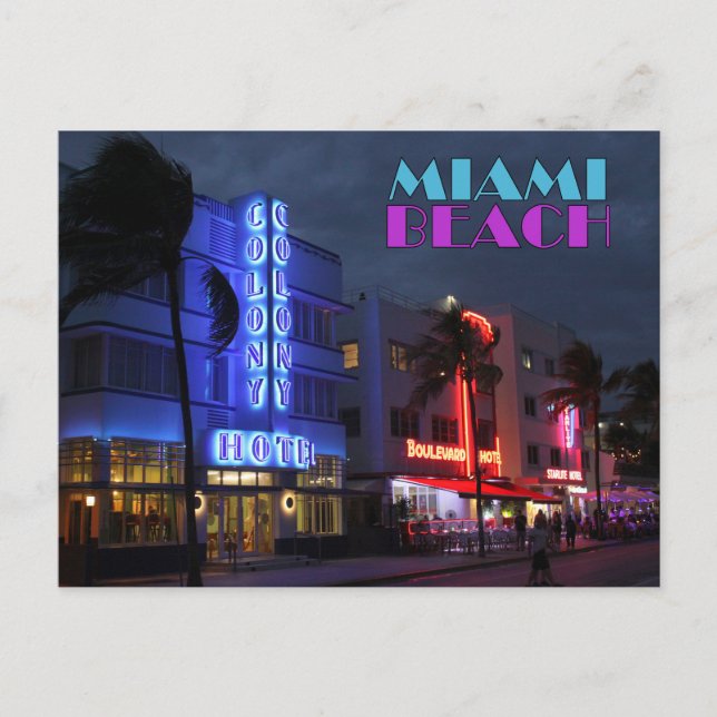 Carte Postale Miami Beach Art Deco Hôtels à Night (Devant)