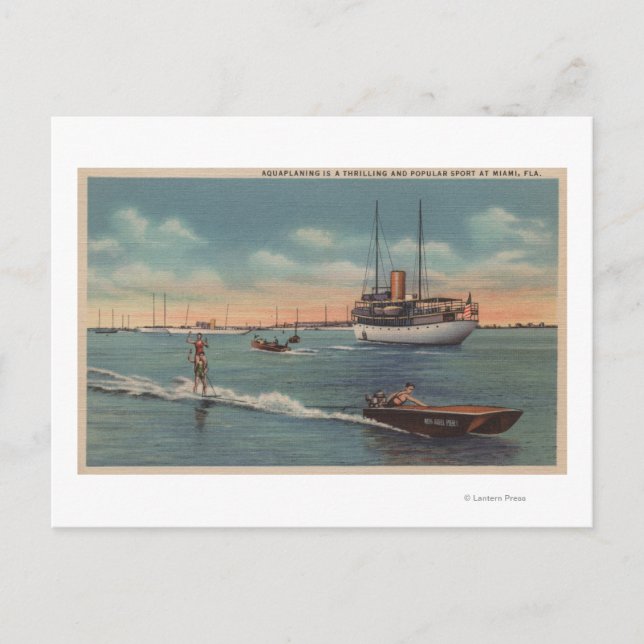 Carte Postale Miami, FL - Ski nautique, Bateau en bois (Devant)