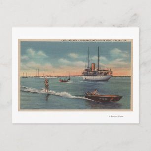 Carte Postale Miami, FL - Ski nautique, Bateau en bois