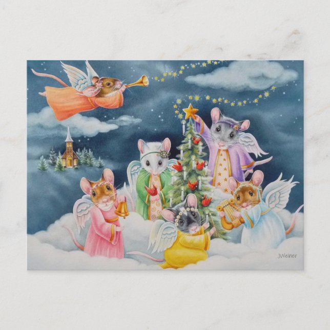 Carte Postale Mice Angel de Noël dans les nuages Aquarelle Art (Devant)
