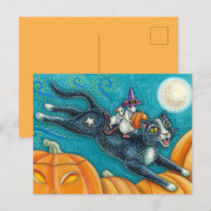CARTE POSTALE MICE BLANCHE & CHAT NOIR SUR CHASSE HALLOWEEN SCAV