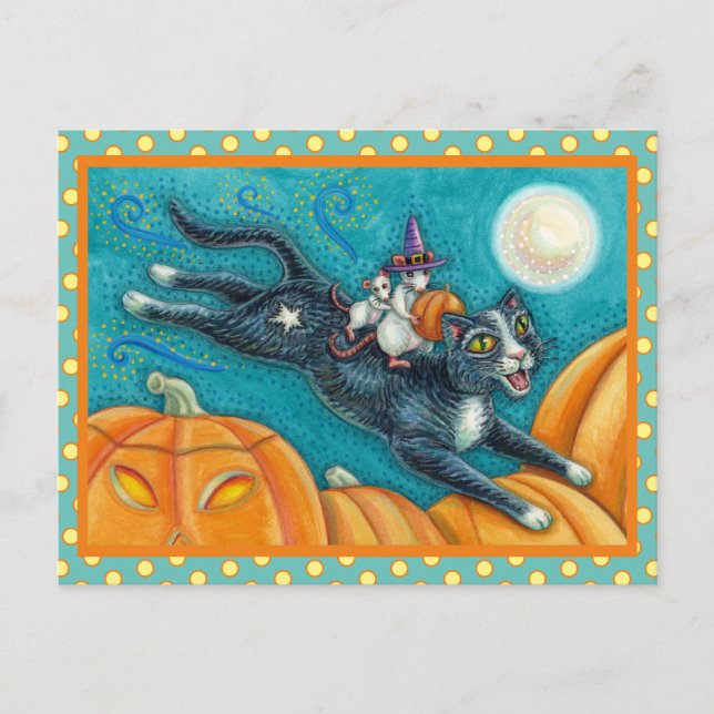 CARTE POSTALE MICE BLANCHE & CHAT NOIR SUR CHASSE HALLOWEEN SCAV (Devant)
