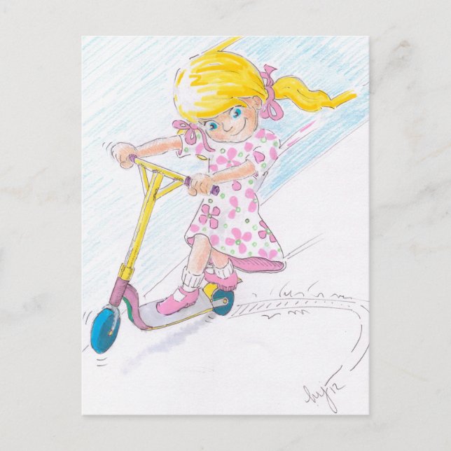 Carte Postale Micro-scooter fille Cartoon mignonne Micro Scooter (Devant)