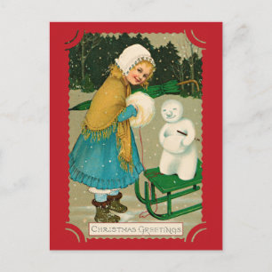 Carte Postale Mignage Vintage Noël Salutations Fille Snowman