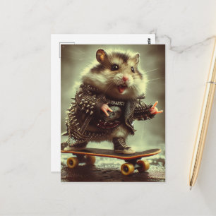 Carte Postale Mignon hamster punk avec veste cloutée faisant du 