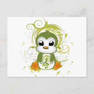 Carte Postale Mignon manchot effet vert duveteux note de musique