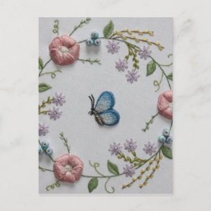 Carte Postale mignon papillon menthe vert rose broderie florale