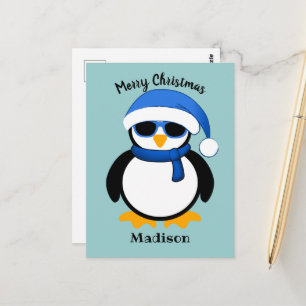 Carte Postale Mignon pingouin cool Joyeux Noël bleu 