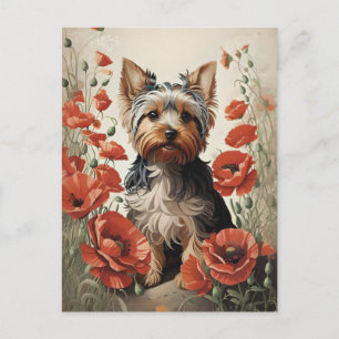 Carte Postale Mignon Yorkshire Terrier Pivoines rouges botanique