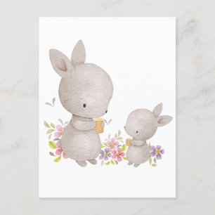Carte Postale Mignonne Aquarelle Maman et Bébé lapins