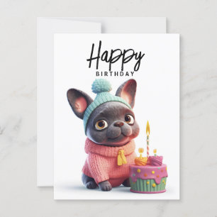 Carte Postale Mignonne bulldog française, robe rose, gâteau d'an