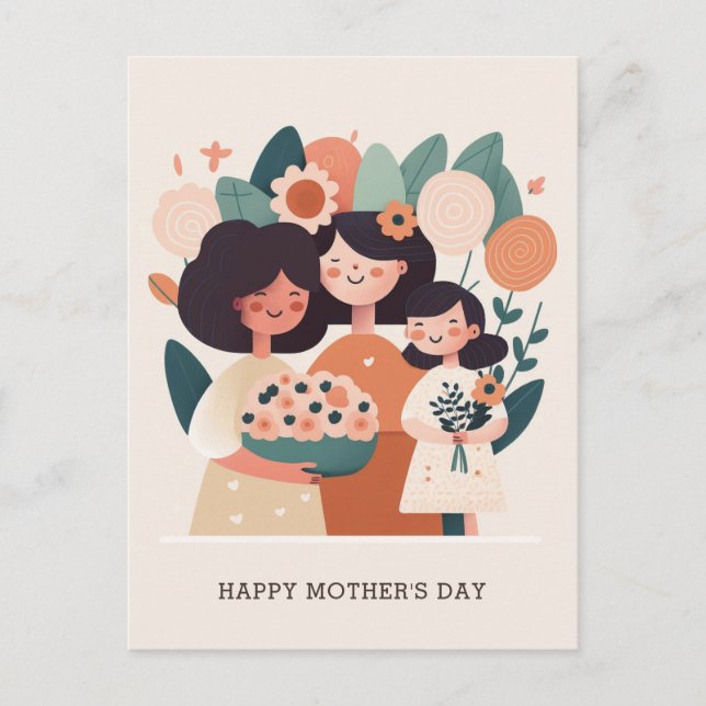 Carte Postale Mignonne caricature à fleurs maman et les filles.  (Devant)