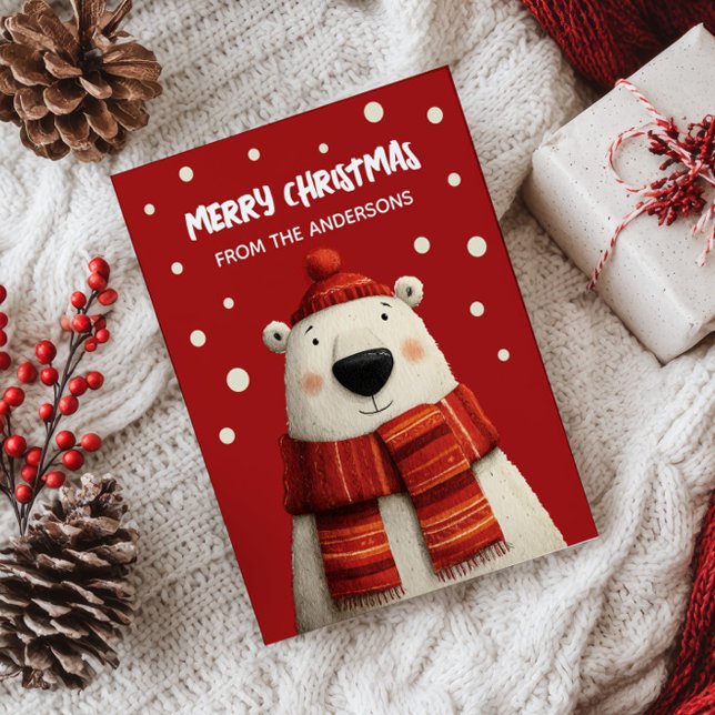 Carte Postale Mignonne Cartoon Ours Polaire Rouge Joyeux Noël de (Créateur téléchargé)