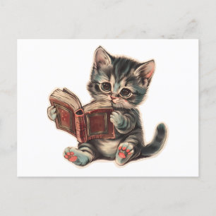 Carte Postale Mignonne chat lecture livre enfants rétro illustra