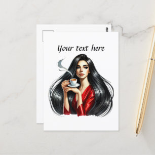 Carte Postale Mignonne femme de café ajouter du texte