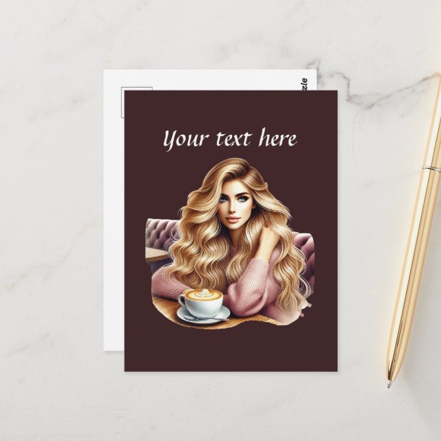 Carte Postale Mignonne femme de café ajouter du texte (Devant/Arrière en situation)