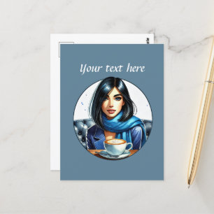 Carte Postale Mignonne femme de café ajouter du texte