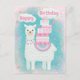 Carte Postale Mignonne lama rose et turquoise avec cadeaux