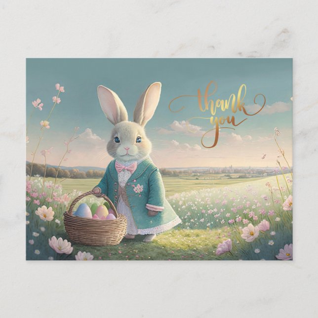 Carte Postale Mignonne lapin de Pâques en petite veste bleue (Devant)