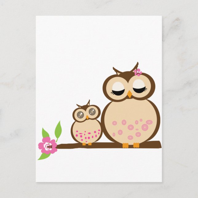 Carte Postale Mignonne maman et bébé hibou (Devant)