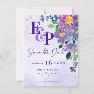 Carte Postale Mignonne Monogramme Purple Floral Mariage Enregist