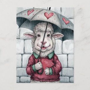 Carte Postale Mignonne Mouton Avec Parapluie