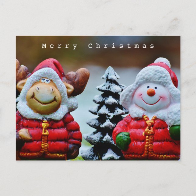Carte Postale Mignonne orignal et bonhomme de neige dans la neig (Devant)
