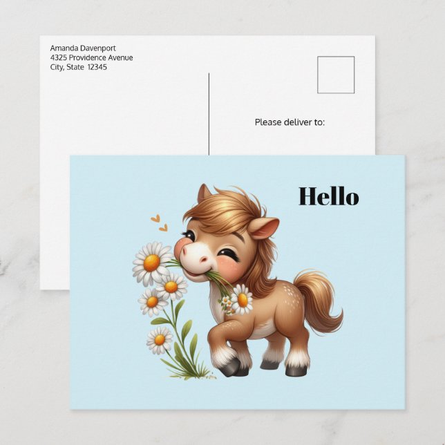 Carte Postale Mignonne Pony Mange Manger Des Marguerites (Devant / Derrière)