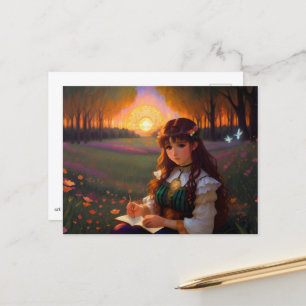 Carte Postale Mignonne Sad Anime Style Femme dans le pré au couc