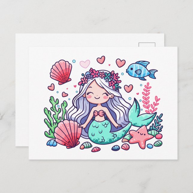 Carte Postale Mignonne sirène de dessin (Devant / Derrière)