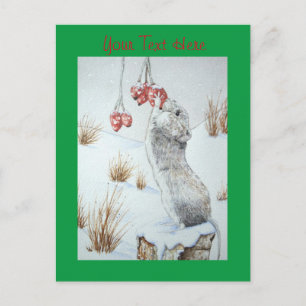 Carte Postale mignonne souris mangeant des baies la neige scène