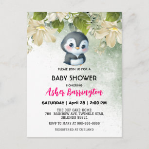 Carte Postale Mignons petits manchots verts fleurs douces shower