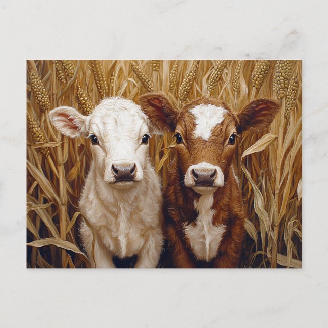 Carte Postale Mignons Veaux dans un Champ de Maïs (Devant)