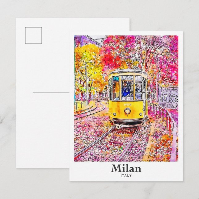 Carte Postale Milan Italie Aquarelle Voyage Main tirée (Devant / Derrière)