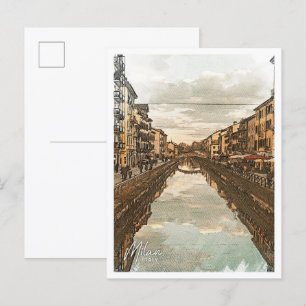 Carte Postale Milan Italie Beau crayon couleur Ville Paysage